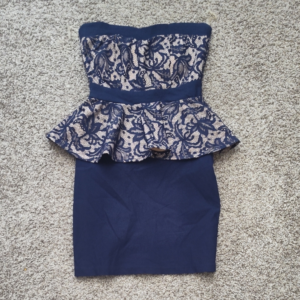 HeartSoul Blue and Tan Strapless Peplum Dress